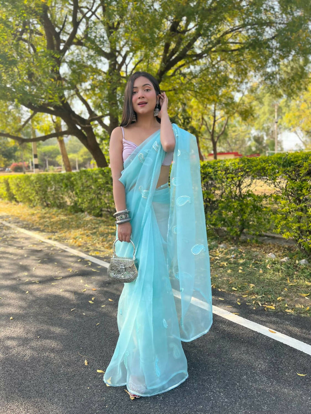 Vamsee Sky Blue Organza Saree