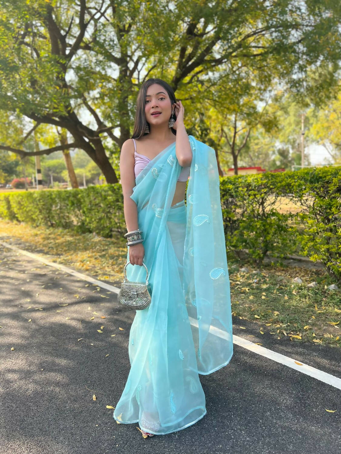 Vamsee Sky Blue Organza Saree