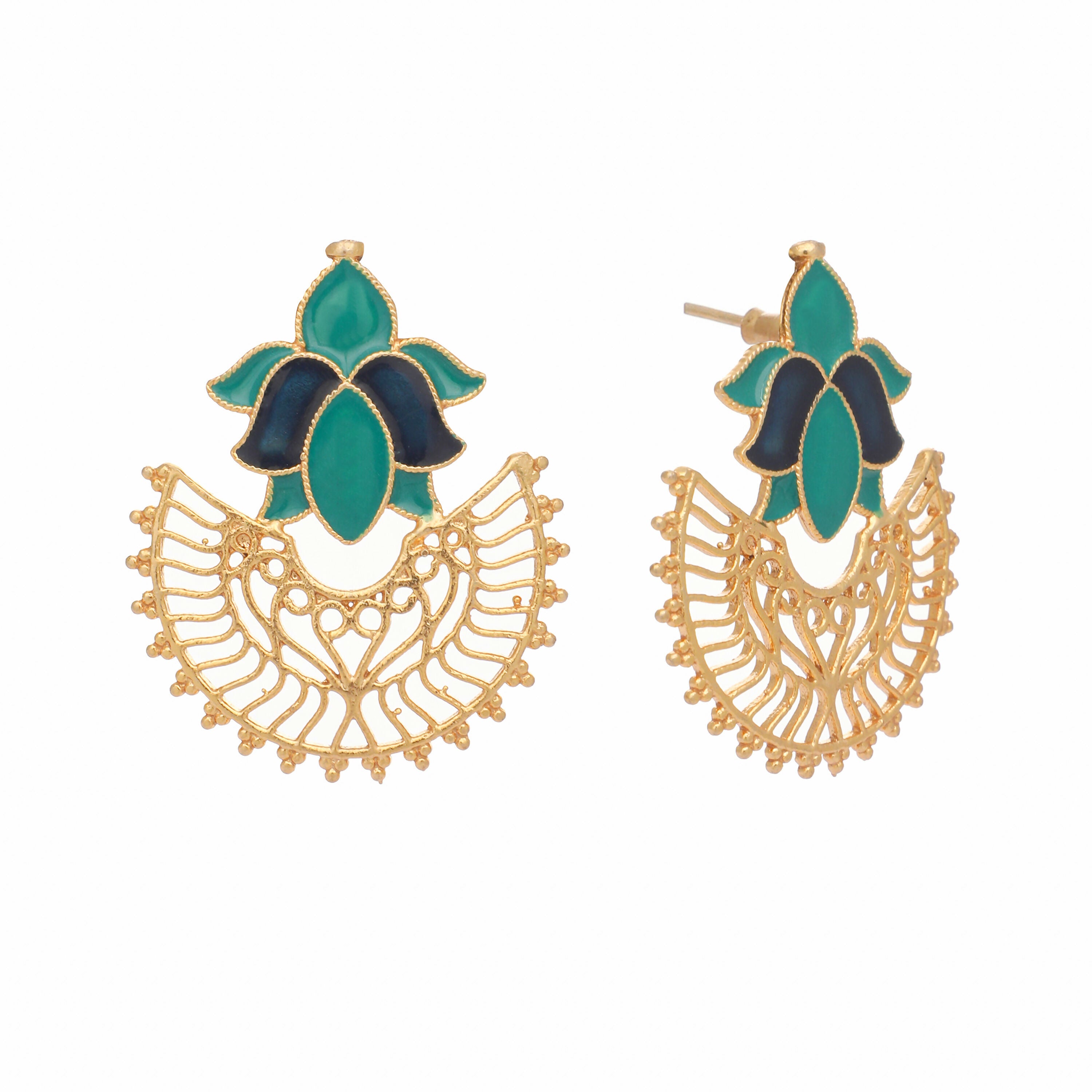Nuyug 22K Gold Plated Turquoise Enamel Studded Indo-Western Floral Jali Statement Stud Earrings
