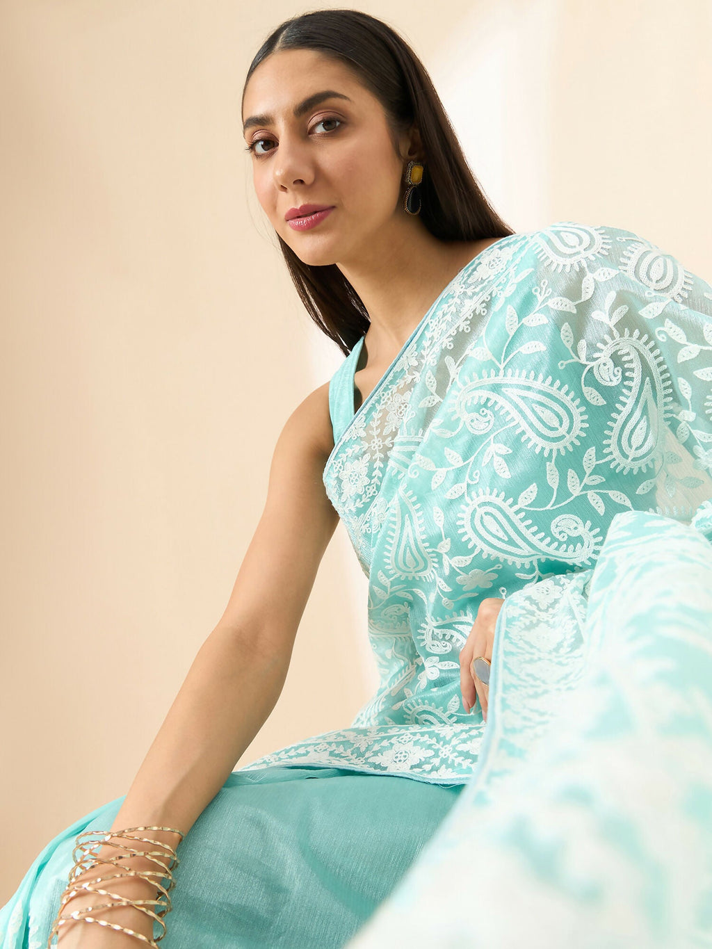 Blue Organza Paisely Embroidered Saree with Unstitched Blouse Piece - Roozal