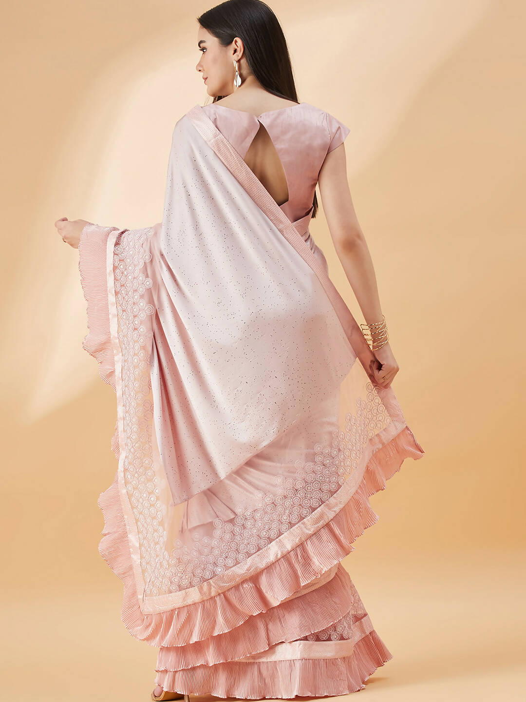 Pink Lycra Frill Details, Hand Embroidered Brooch Saree - Norita Hit Design
