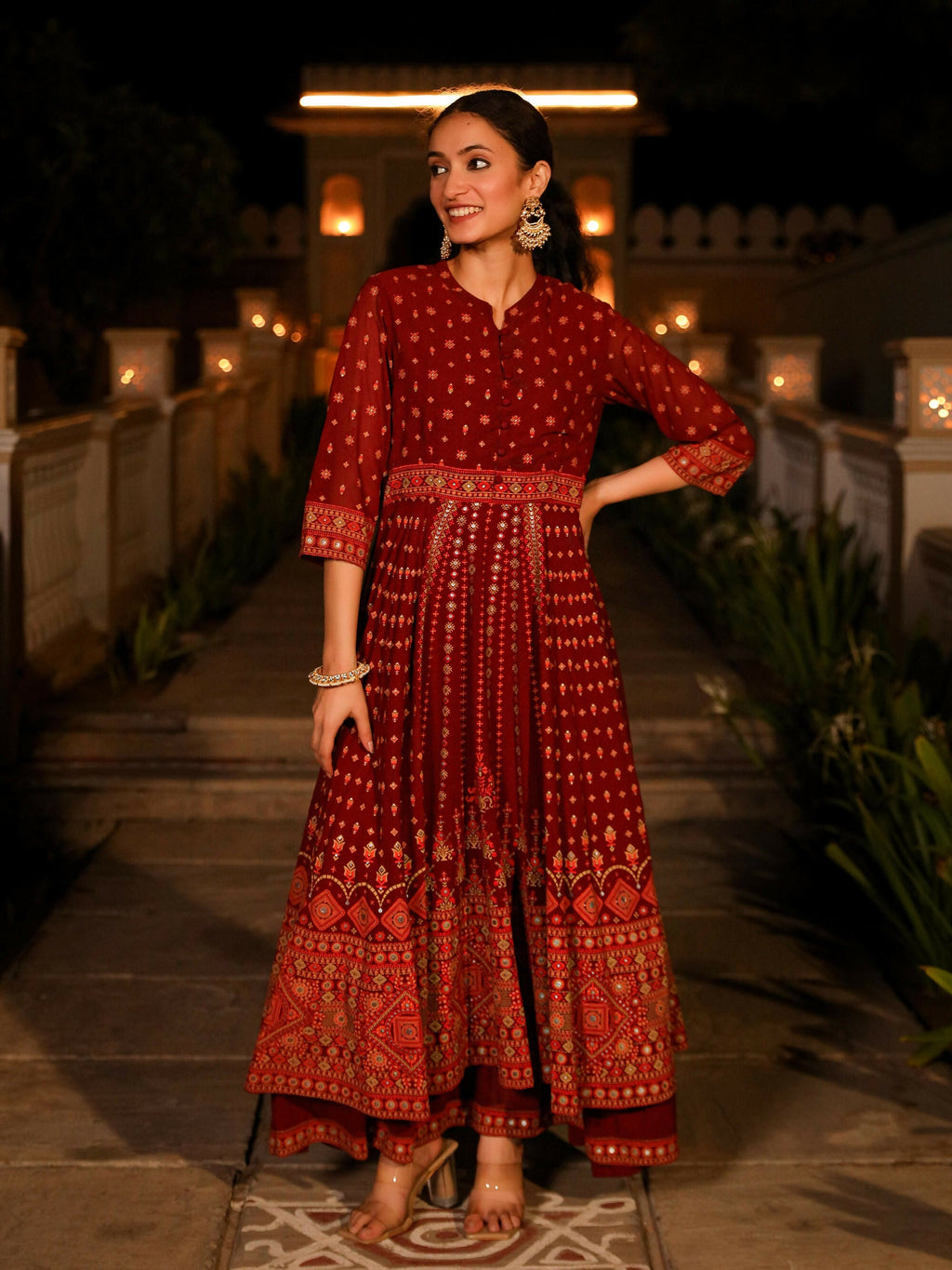 Juniper Women's The Mahautsawam Maroon Ethnic Motif Printed Georgette Dress With Thread & Mirror Work