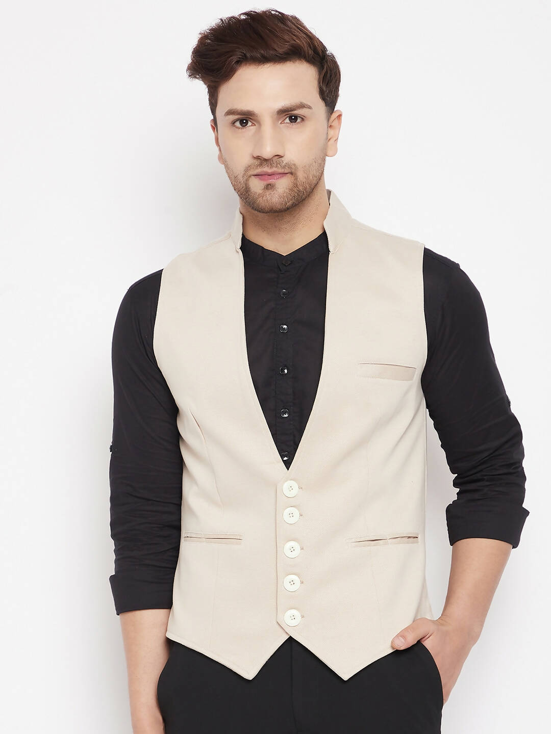 Even Apparels Cream Merino Men Woven Nehru Jacket