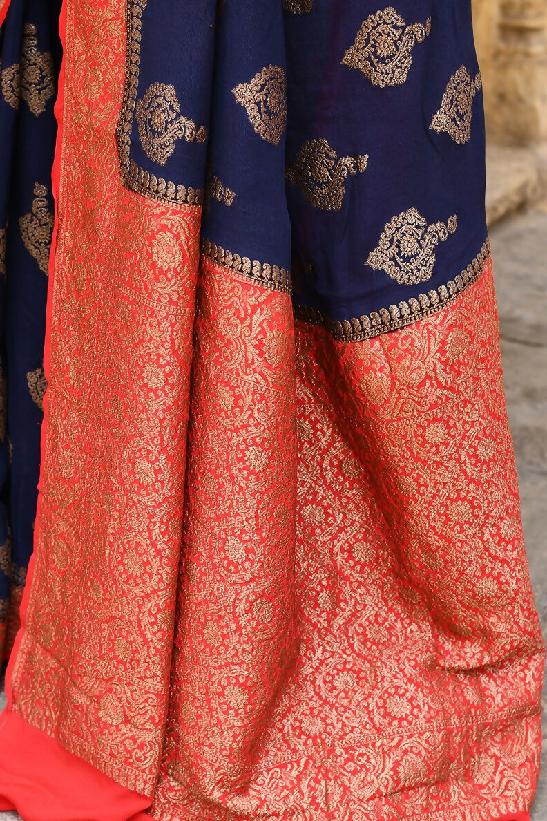 Joban Fashion Navy Blue Crepe Chiffon Pure Handloom Banarasi Silk Saree