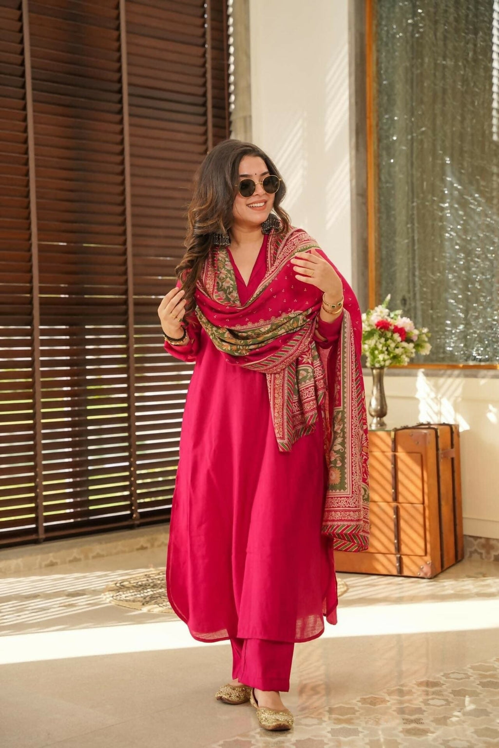 The52 Rani Women's Beautiful South Cotton Fabric Straight Kurta with Pant And Dupatta Set