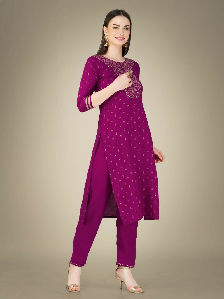 Jyoti Fashion Women's Purple Cotton Magic Slub Embroidery & Sequence work Kurta with Trouser & Dupatta