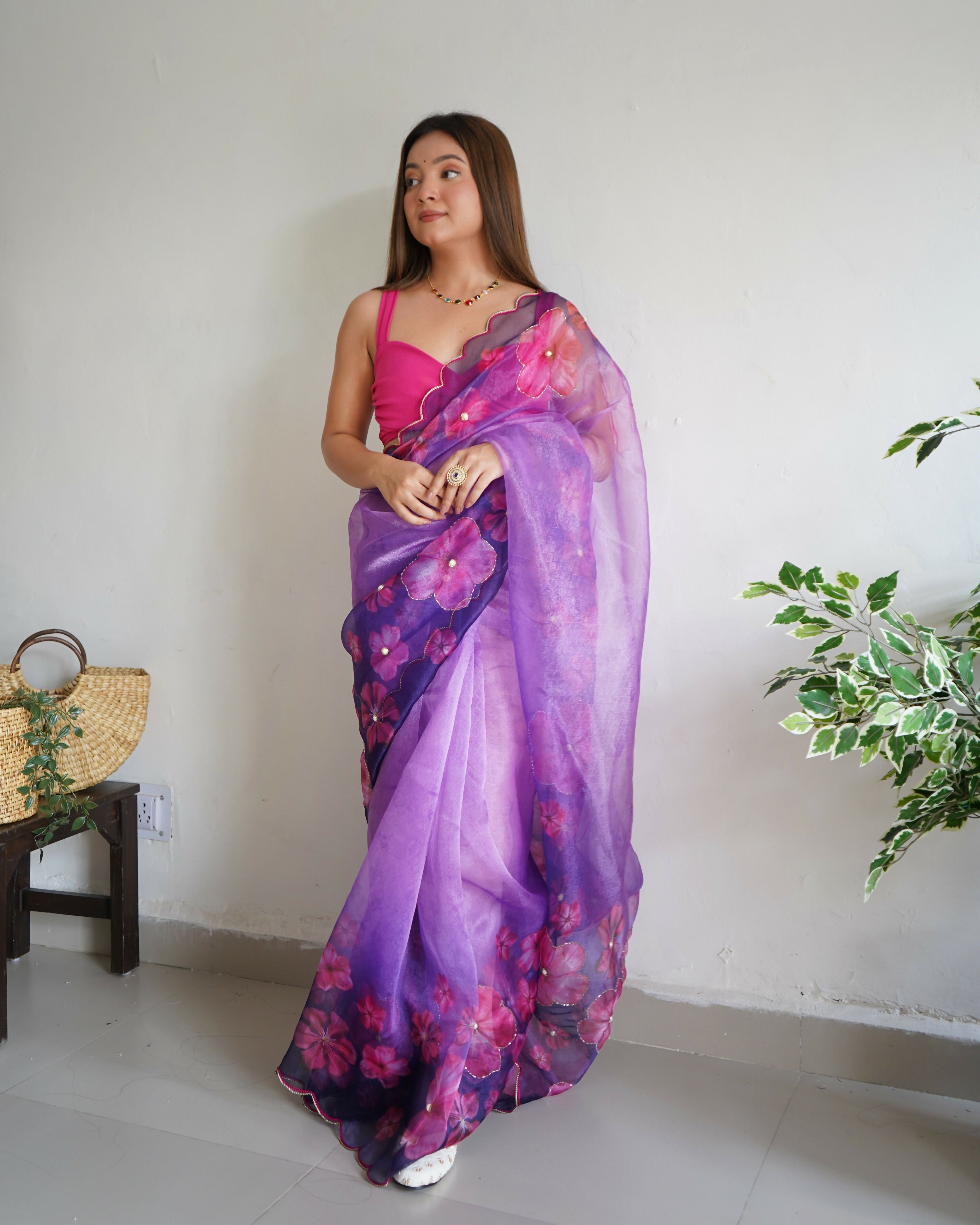 Vamsee Ramya Purple Organza Saree