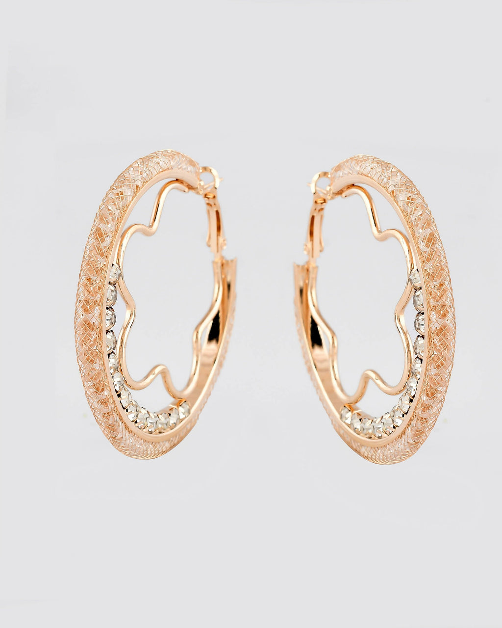 VOJ Women Gold-Polished Studded Beads Stainless Steel Double Circular Hoop Earrings