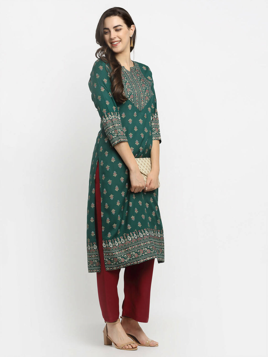 Rudra Bazaar Green Printed Yoke Designed Straight Kurta with Maroon Pyjamas