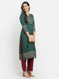 Rudra Bazaar Green Printed Yoke Designed Straight Kurta with Maroon Pyjamas