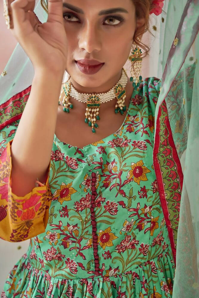 Everywhere Designer Green Dola Silk Gown With Dupatta - Anbazaar