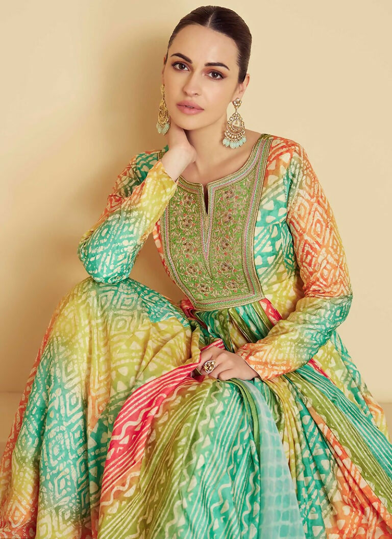 Vastranavya Turquoise Muslin Printed Sequins Beads Work Abaya Style Anarkali Suit