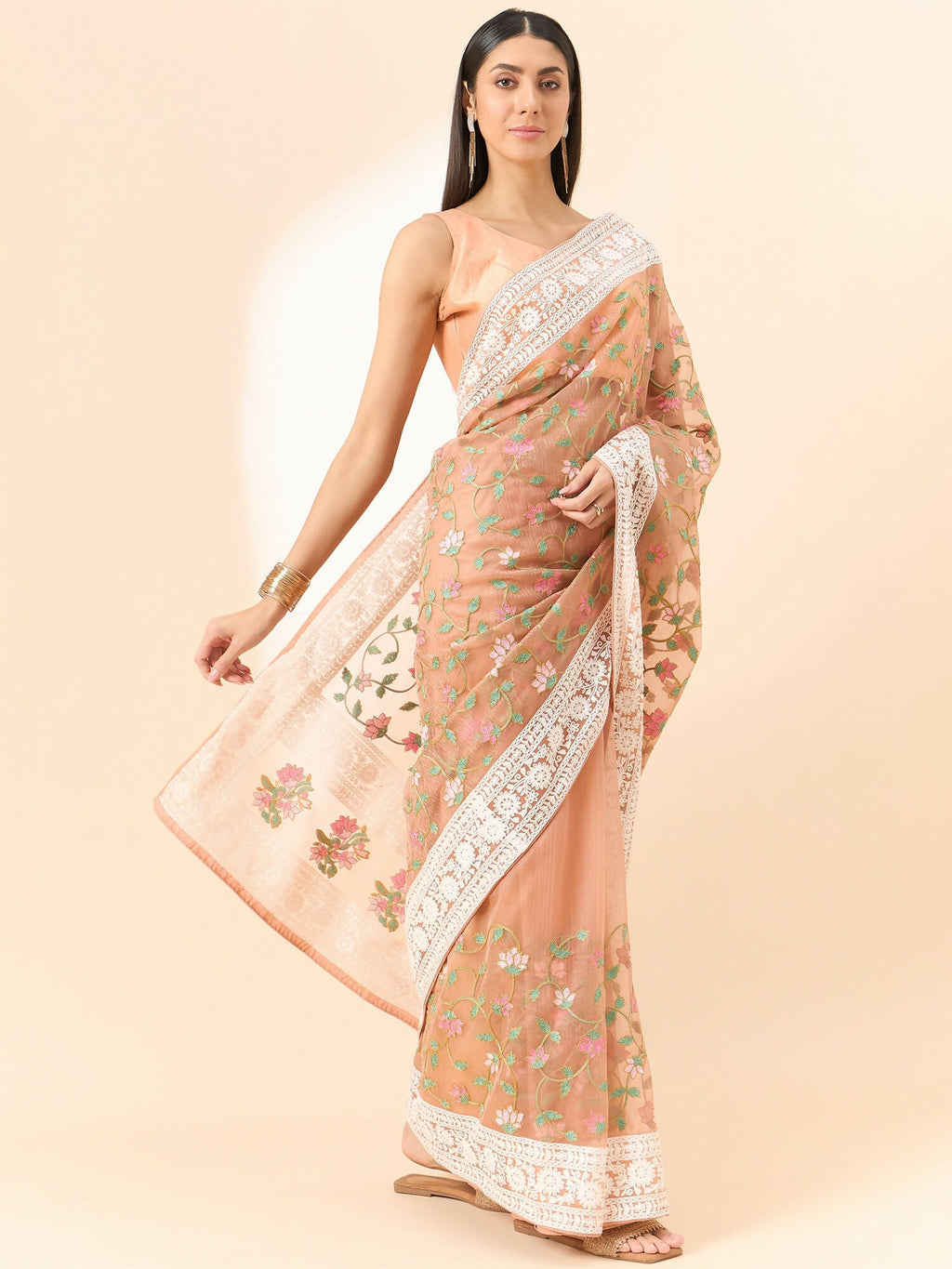 Peach Organza Floral Embroidered Saree with Unstitched Blouse Piece - Roozal