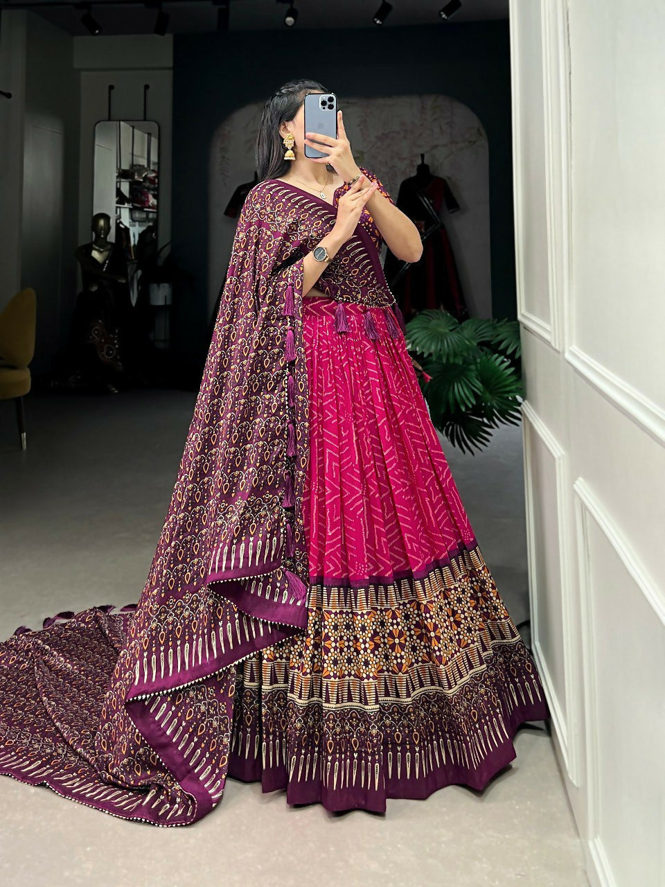 Vastranavya Bandhej And Ajarakh Print Tussar Silk Lehenga Choli - Pink