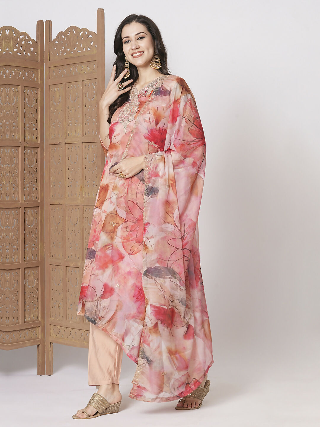 Pink Taby Silk Embroidery Work, Printed Kurta Set - Riya