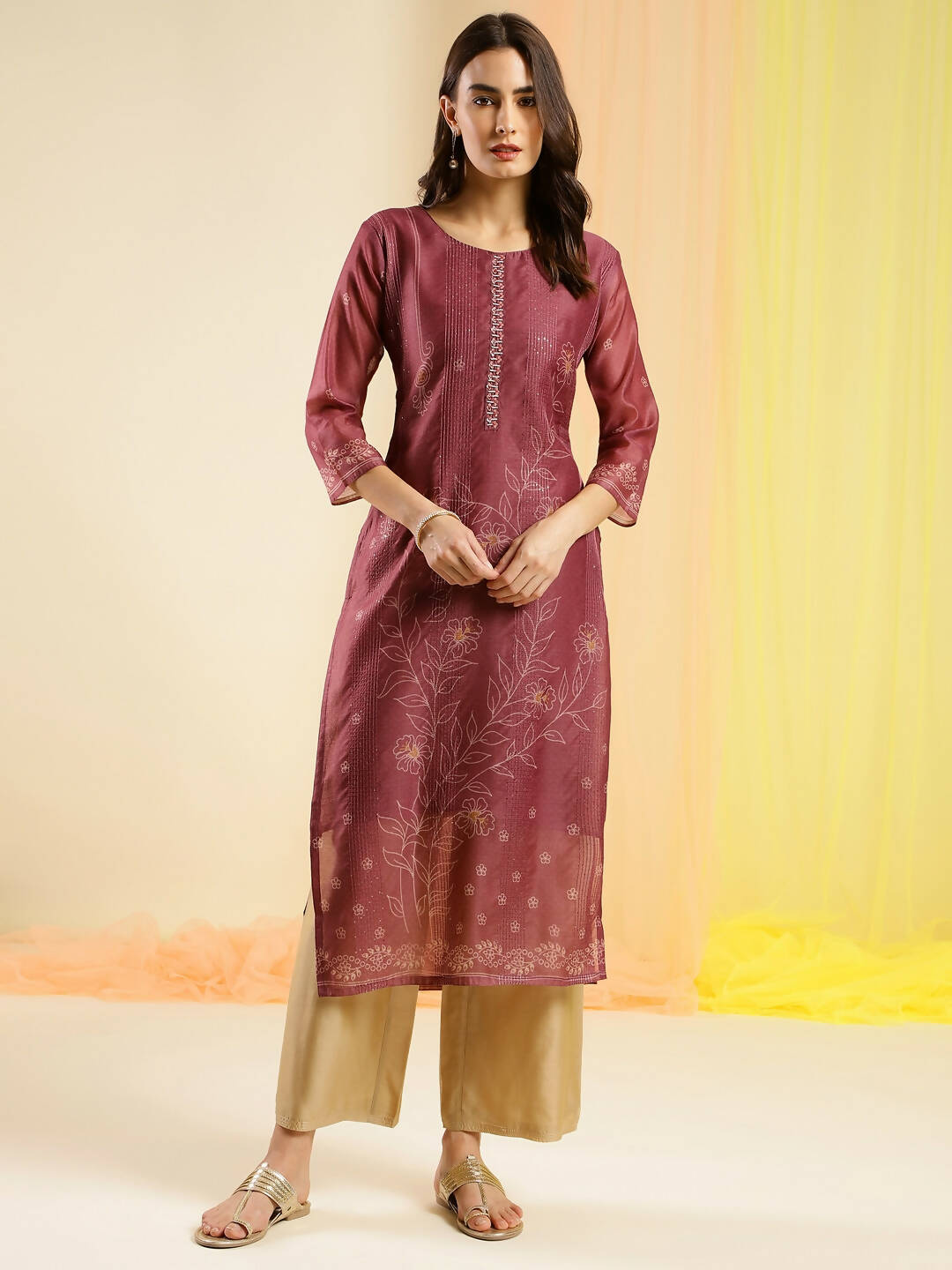 Maroon Chinon Digital Printed With Hand Work Kurta - Himanshi