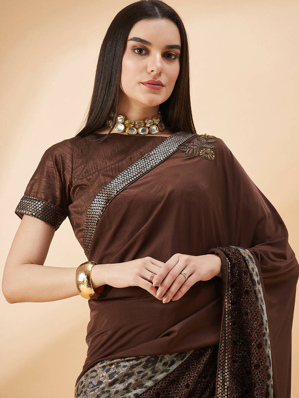Brown Lycra Animal Print, Fancy Value Addition Fabric Saree - Norita Hit Design