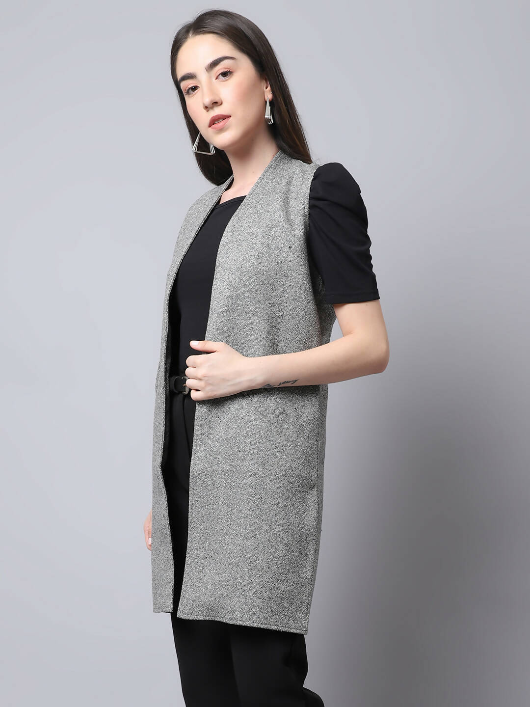 Even Apparels Grey Pure Wool Open Front Woolen Women's Long Coat