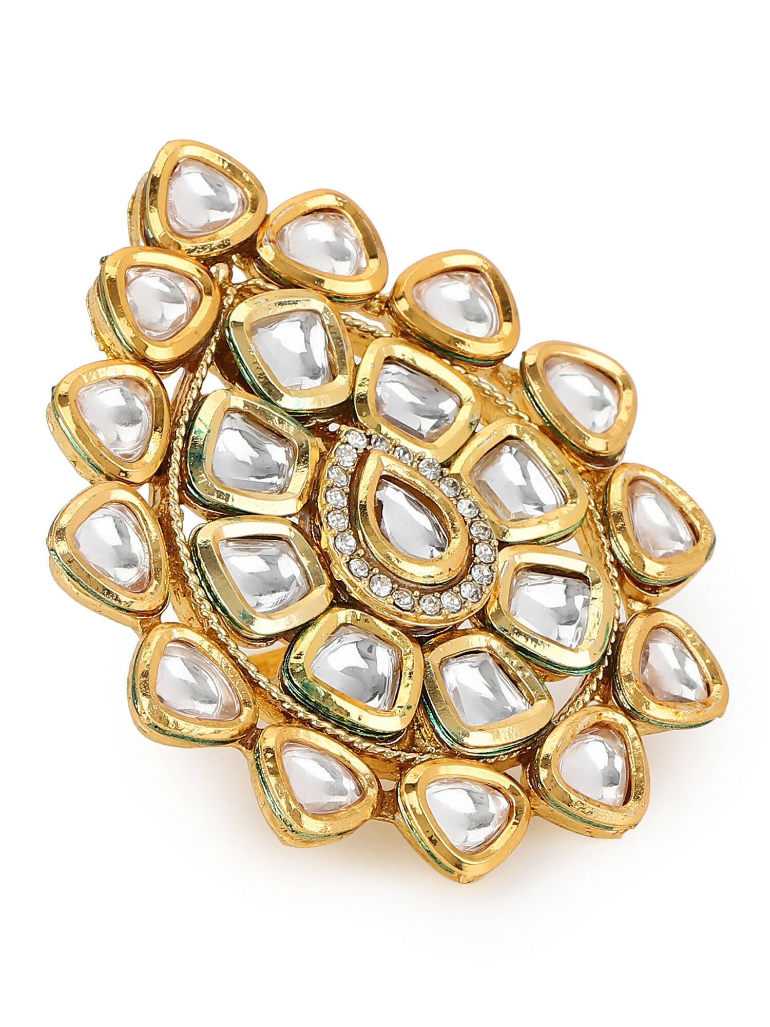 Gold-Polished White Kundan-Studded Adjustable Finger Ring - Ruby Raang