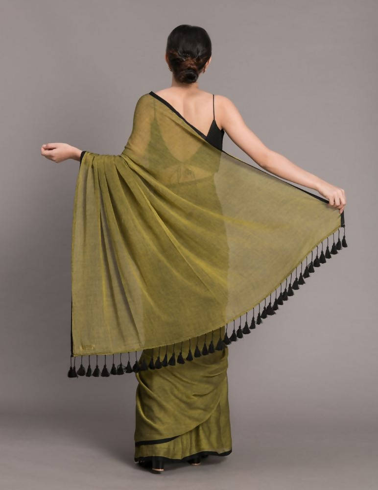 Suta Olive Green Black Solid Pure Cotton Saree