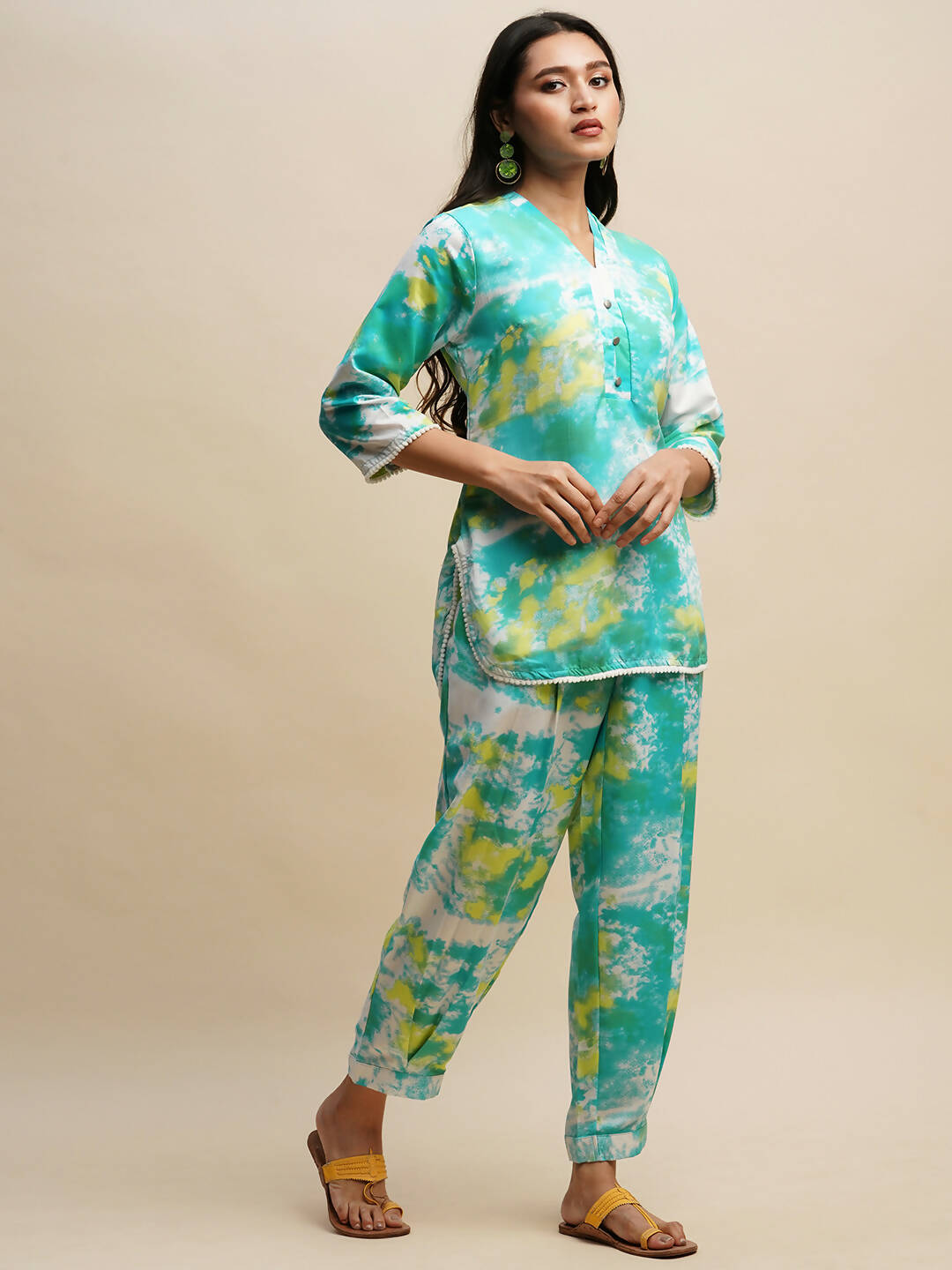 Sky Blue Poly Rayon Tie and dye Printed Top with Matching Trouser - Shivani