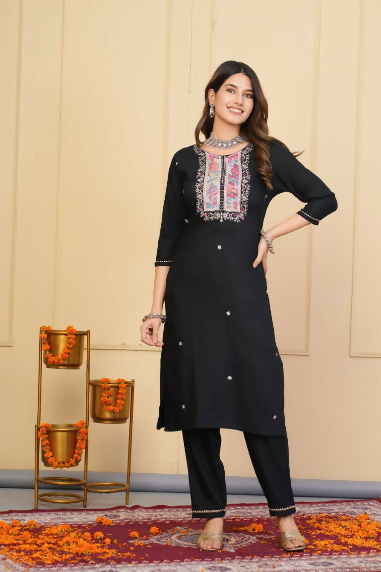 Black Rayon Slub Embroidered Stitched Suit With Dupatta - Tanisha