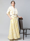 Ahalyaa Women Crepe Cream Solid Top with Printed Skirt with Ruffle Details