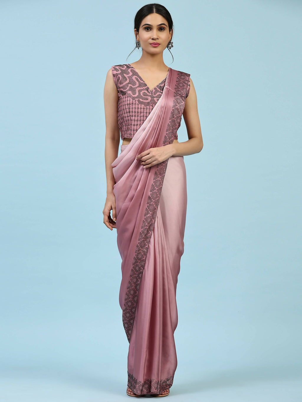 Purple Ombre Satin Georgette Plain Ready to wear Saree with stitched Blouse - Vrinda