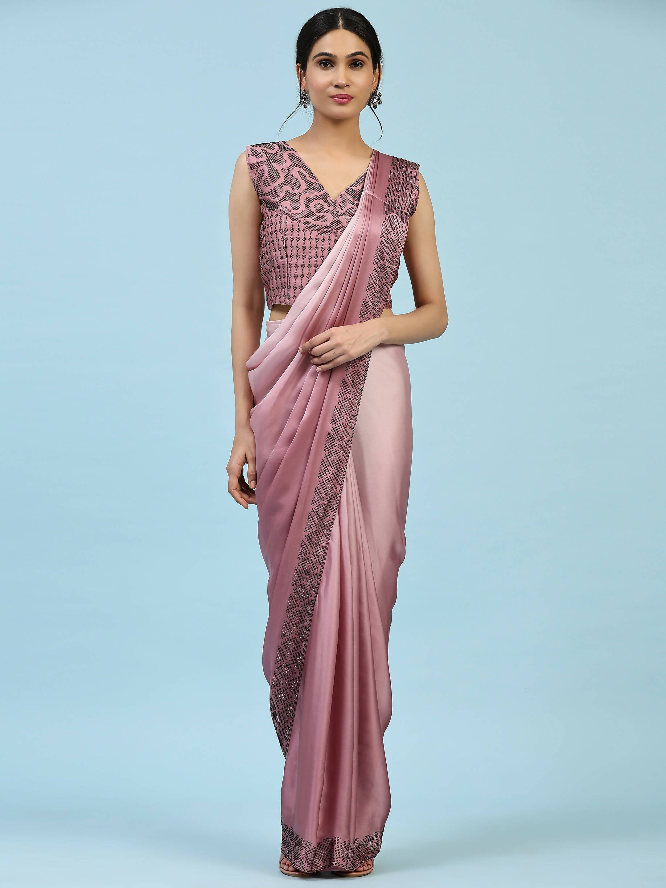 Purple Ombre Satin Georgette Plain Ready to wear Saree with stitched Blouse - Vrinda