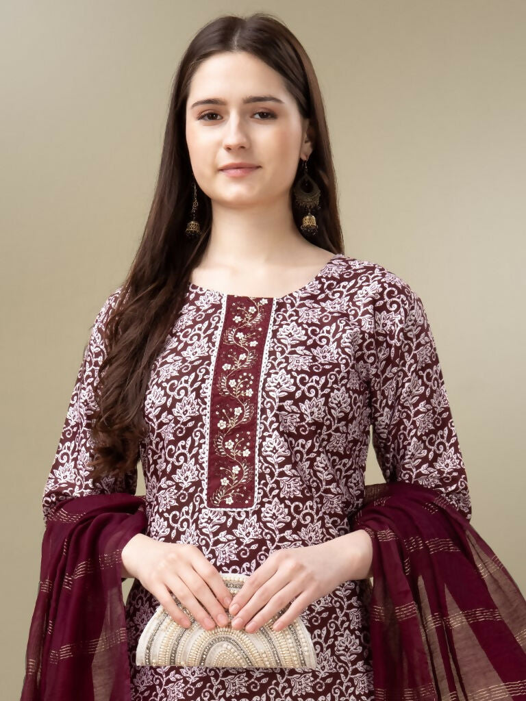 Jyoti Fashion Women's Maroon Rayon Embroidery & Sequence work Kurta with Trouser & Dupatta