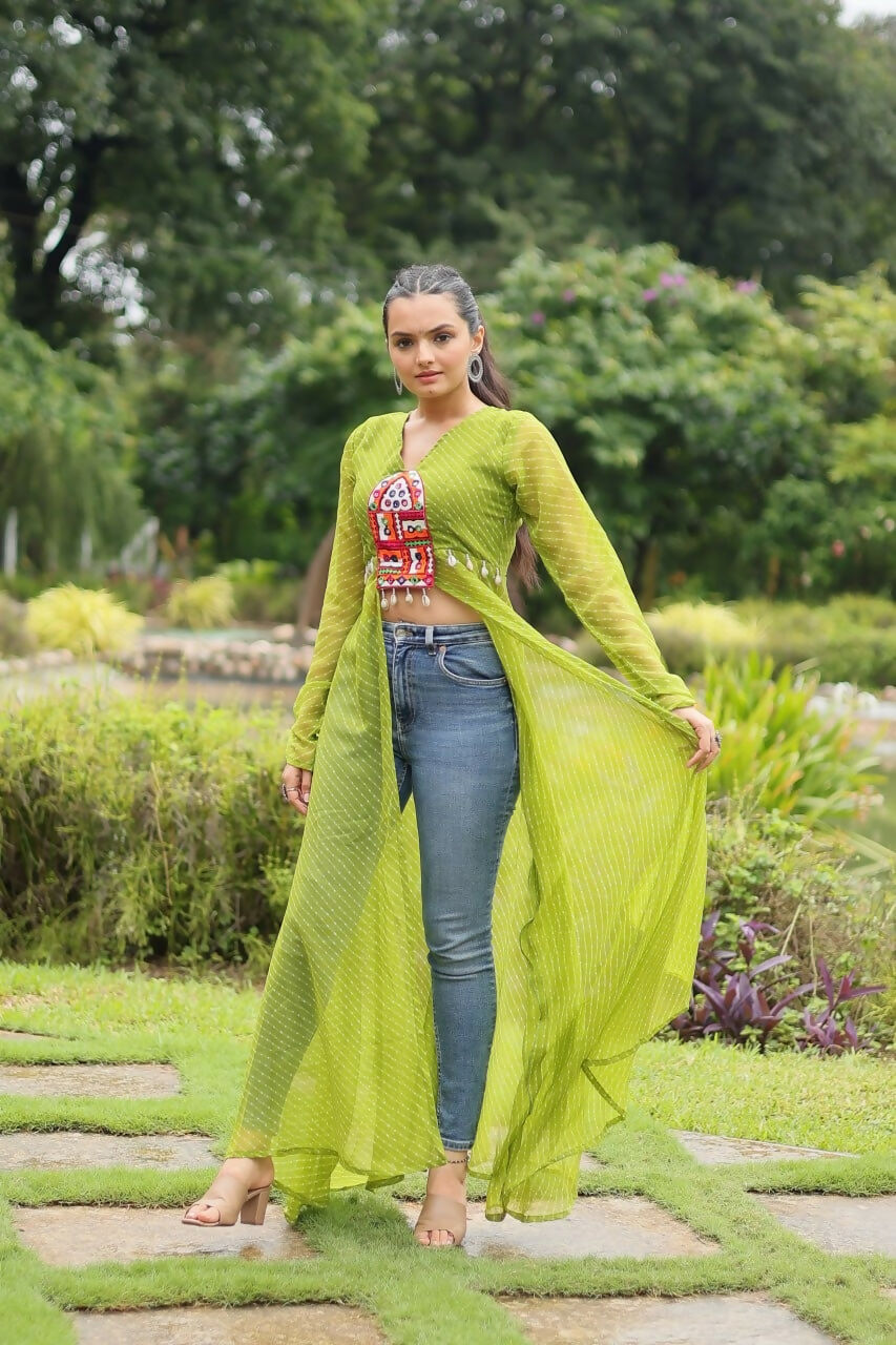 Vastranavya Parrot Green Navratri Special Kutchi Patch Work with Leheriya Printed Kurti