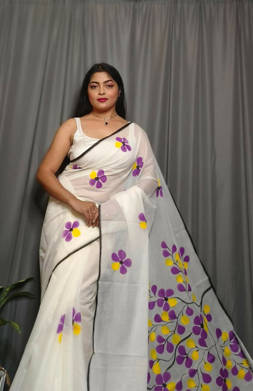 Exclusive Collection Beautiful White Purple Pure Cotton Hand Print Handloom Saree With Running Blouse Piece