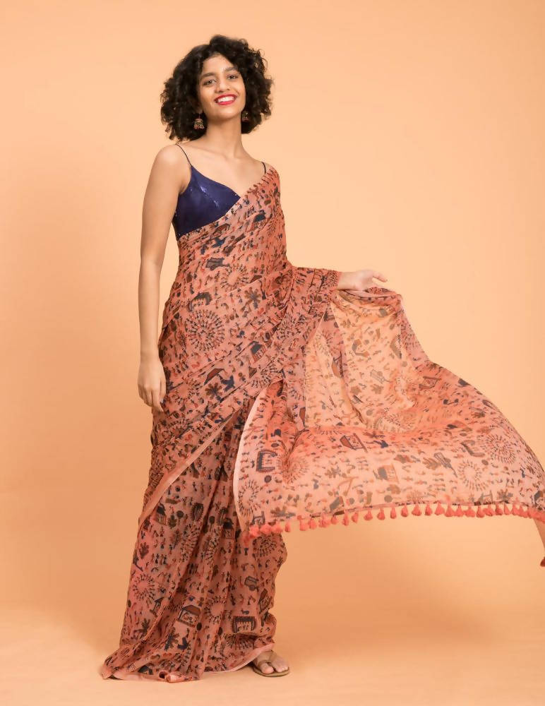 Suta Peach Blue Warli Printed Pure Cotton Saree