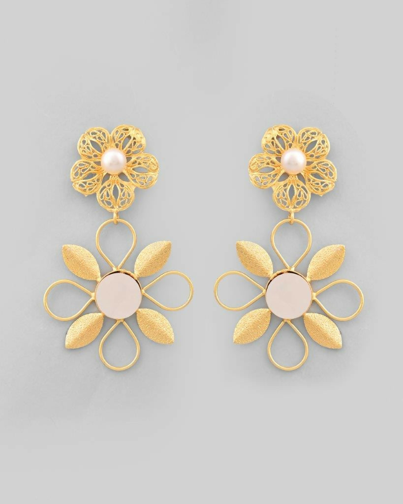 VOJ Gold-Polished Pearl Studded Flower Shaped Drop Earrings