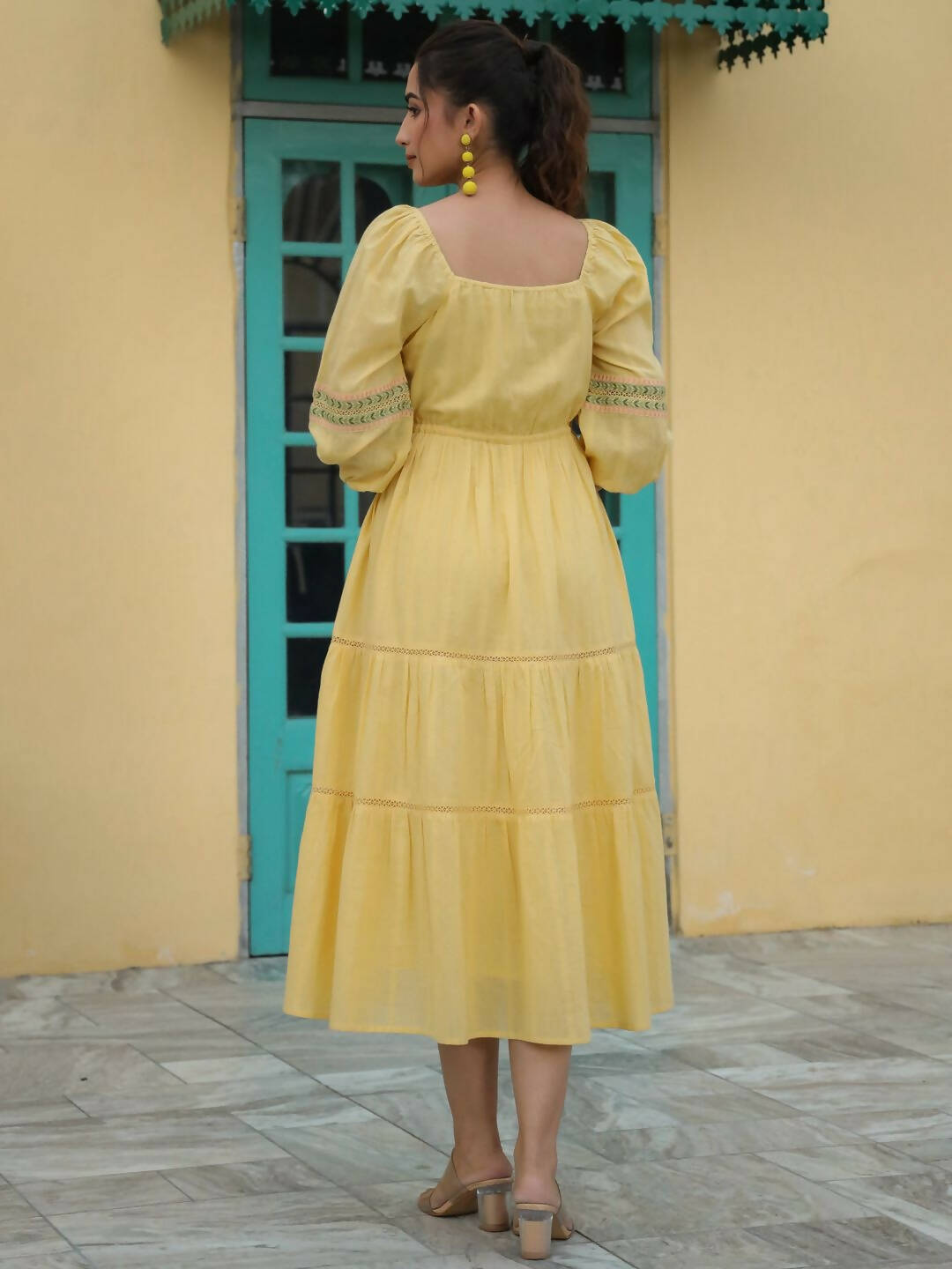 Juniper Women's Yellow Cotton Dobby Embroidered Flared Dress