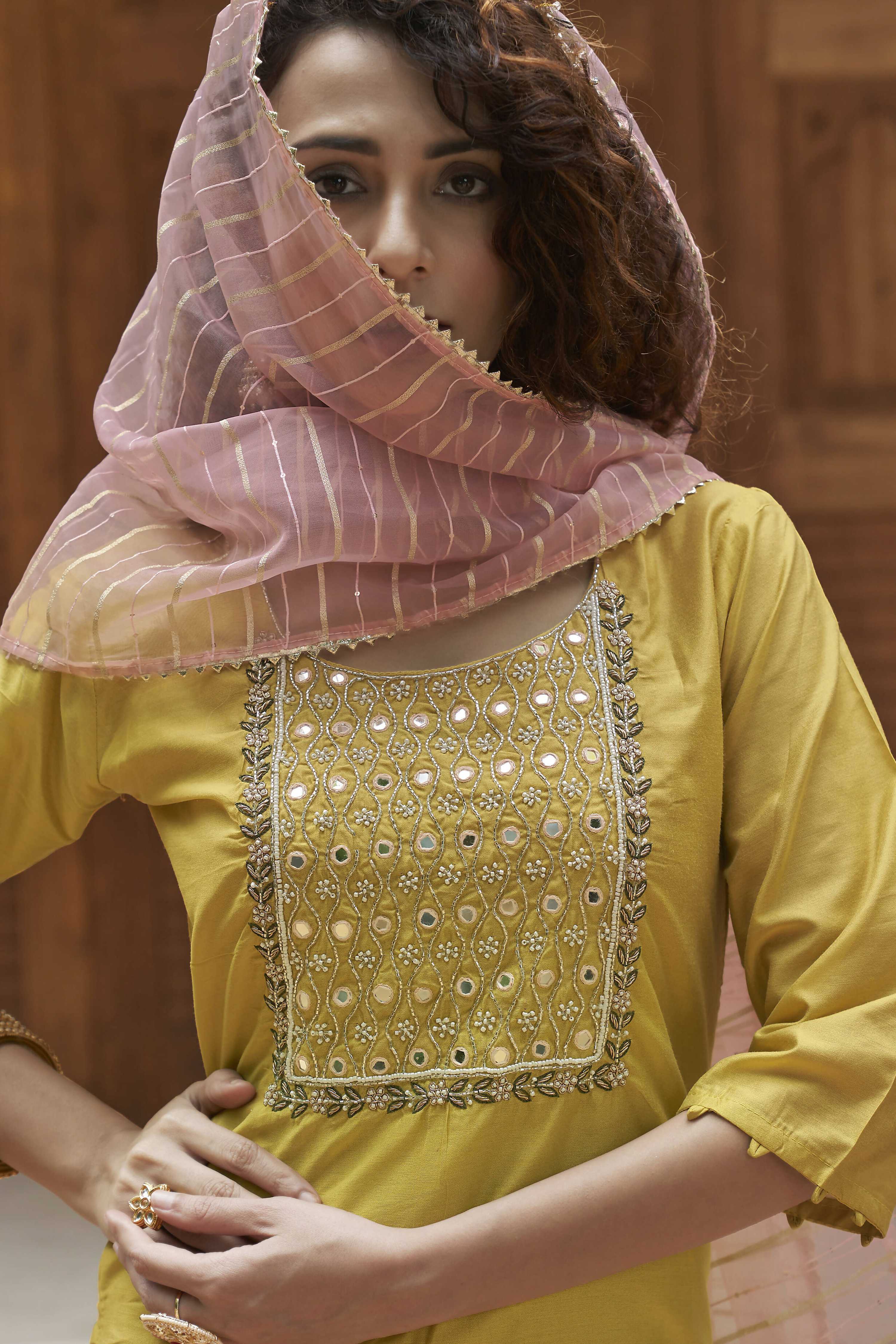 Mustard Chinon Embroidered Kurta and Bottom with Dupatta - Akashara