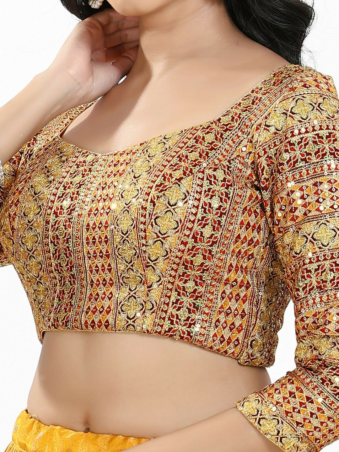 Joban Fashion Red Multi Silk Padded Blouse With Sweetheart Neck 3/4 Sleeves