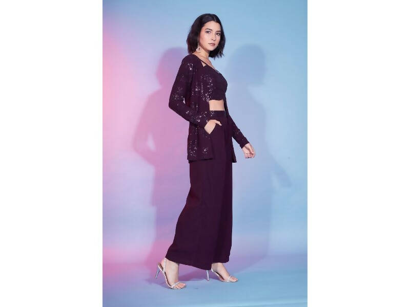 Maroon Georgette Sequence With Thread Designer Co-Ord Set - Flory
