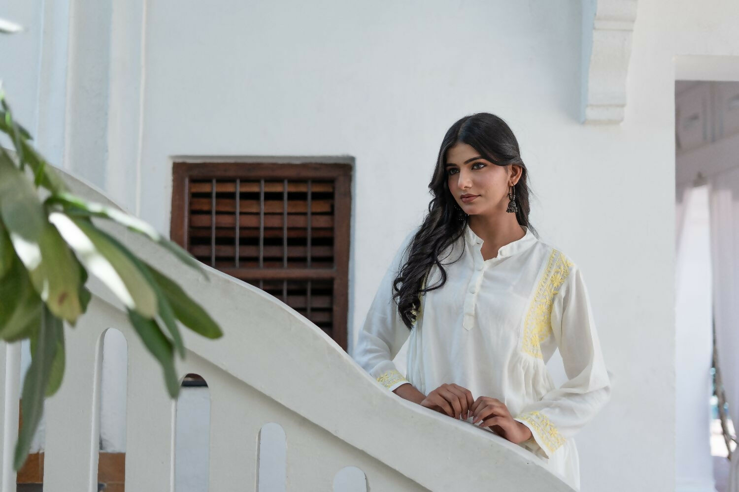 Zibaa Ivory & Yellow Muslin Short Chikankari Kurti