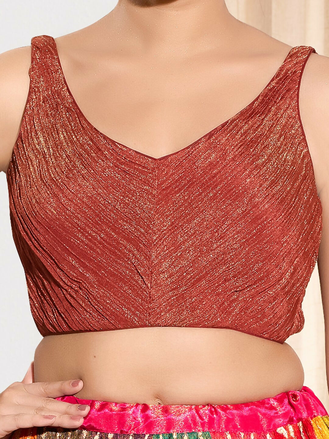 Joban Fashion Rust Tissue Padded Blouse With Sweetheart Neck Sleeveless
