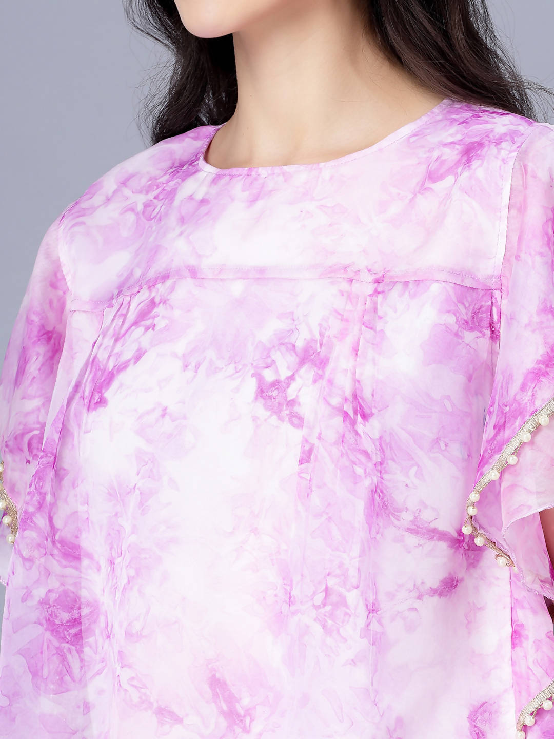 Myshka Organza Printed Short Sleeve Round Pink Women Top