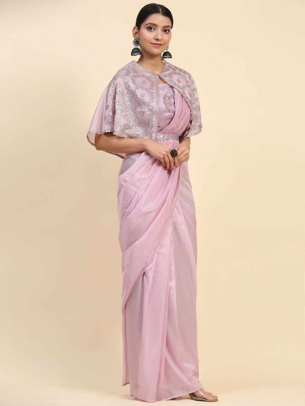 Light Lavendar Satin Solid Ready to wear Saree with stitched Blouse - Vanita