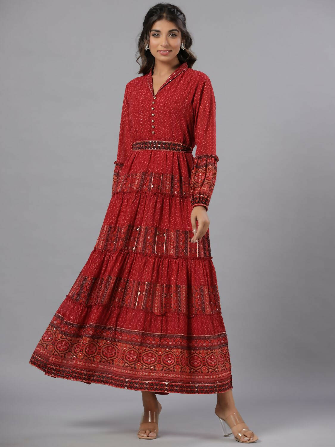 Juniper Women Rust Georgette Printed Tiered Maxi Dress