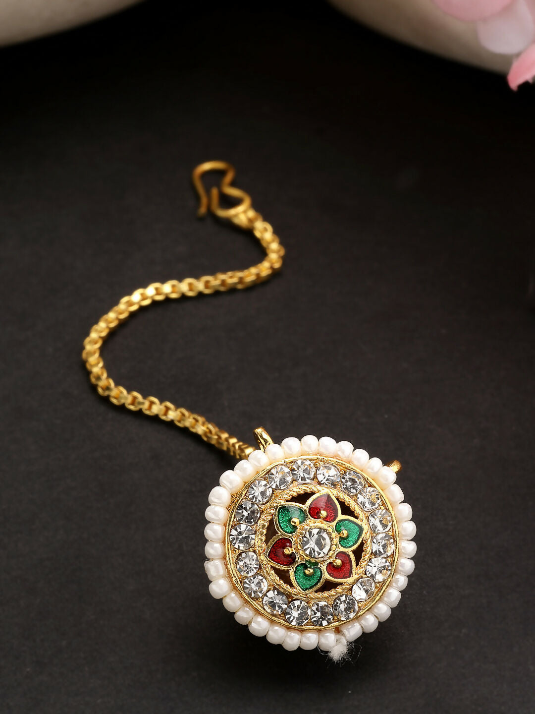 NVR Women's Gold-Polished CZ Stone-Studded Borla Maang Tikka