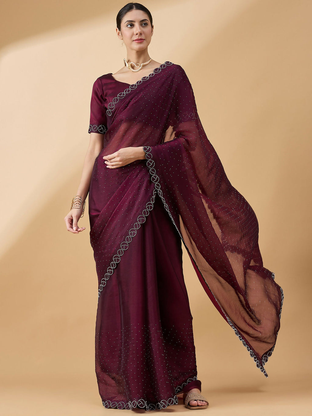 Purple Organza Swaroski Diamond Work Saree with Unstitched Blouse - Radha