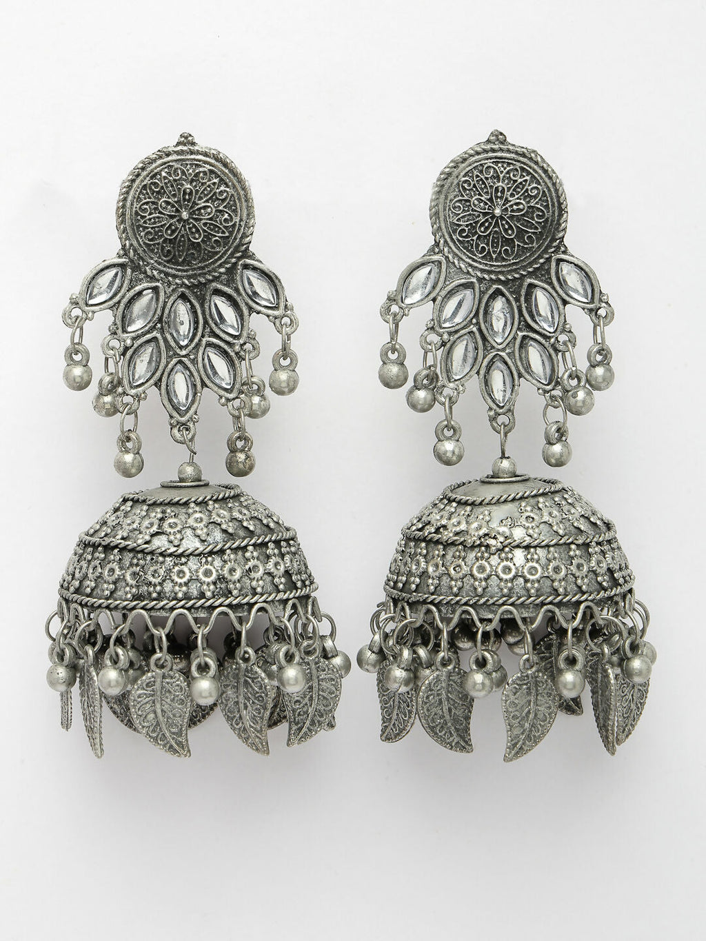 NVR Women's Silver-Plated Oxidised Artificial Stones Dome Shaped Jhumka Earrings