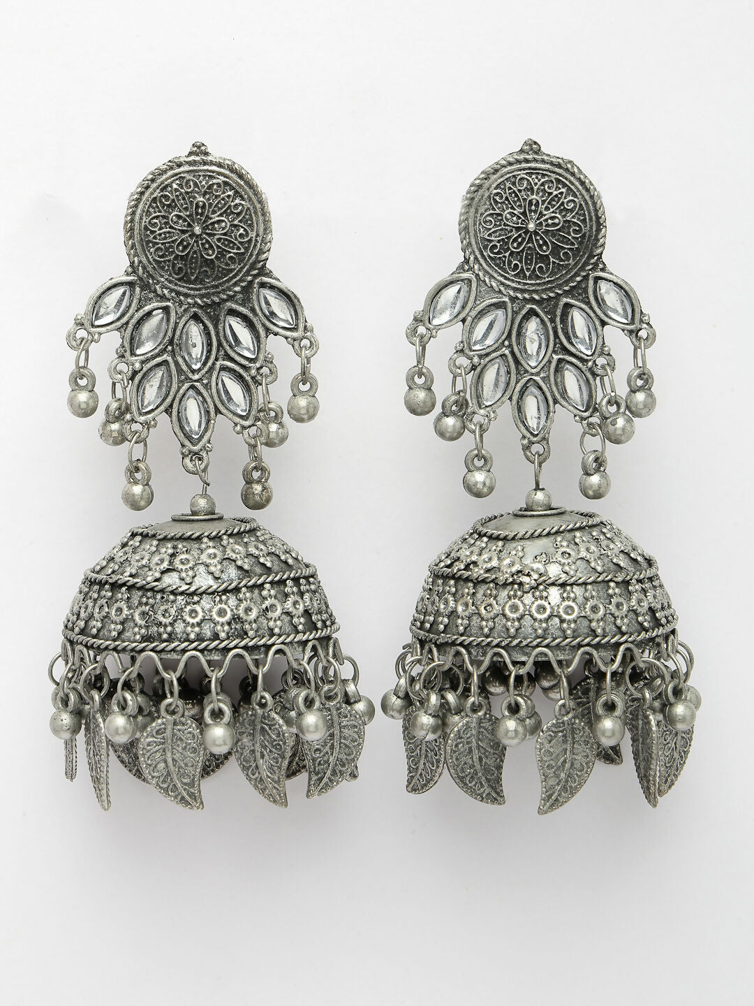 NVR Women's Silver-Plated Oxidised Artificial Stones Dome Shaped Jhumka Earrings