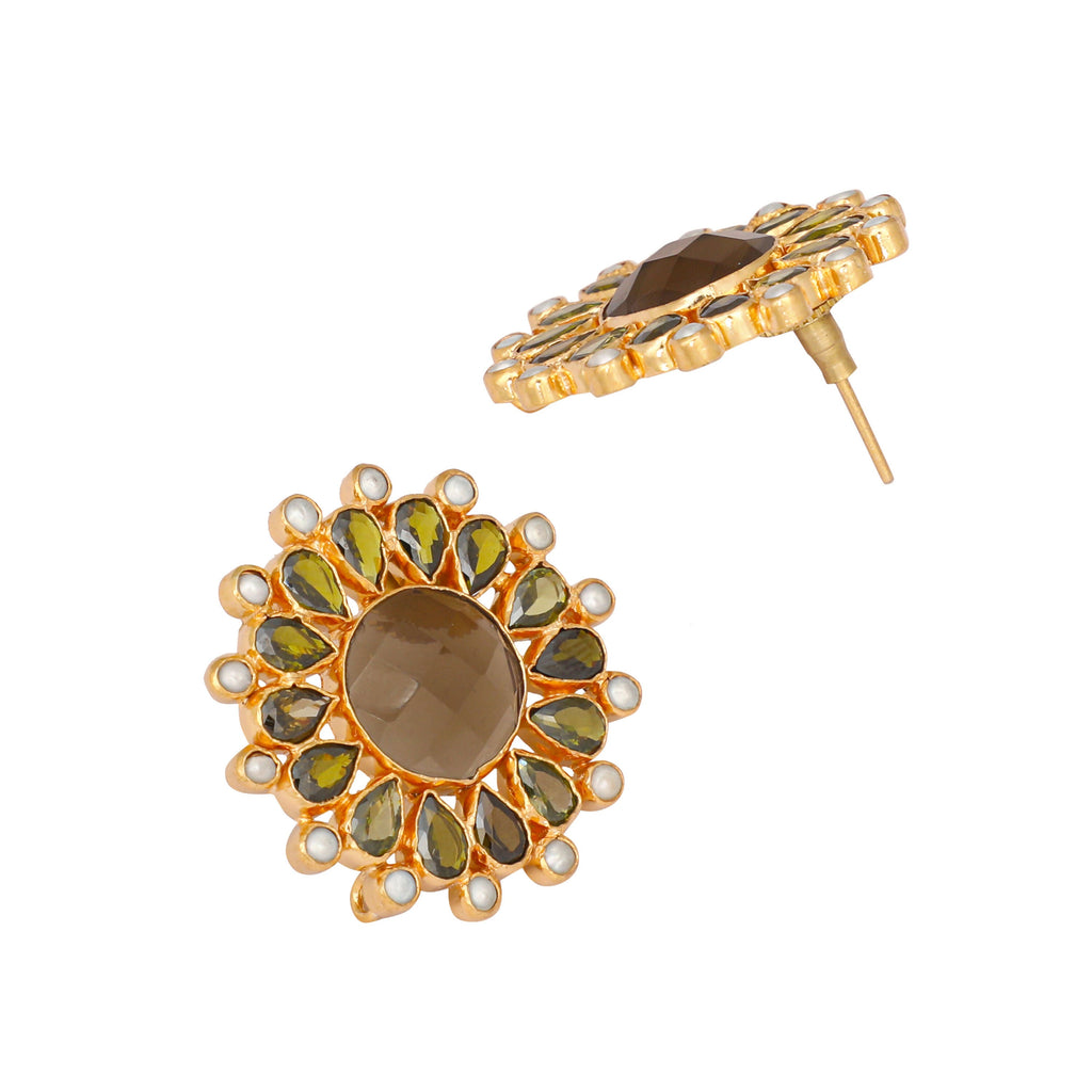 Nuyug 22K Gold Plated Faux Smoky Quartz & Crystal Studded Contemporary Floral Studs