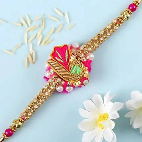 Delightful Pink Zardosi Rakhi & Fruit N Nut Chocolates