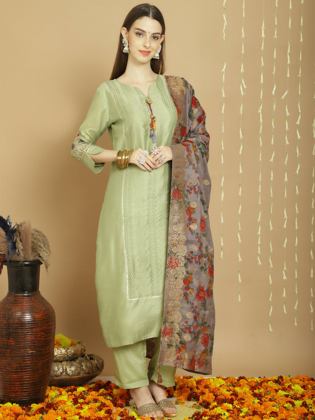 Jyoti Fashion Women's Green Chanderi Silk Elegant Jardoshi Semi Kurta with Trouser & Dupatta